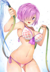 Rule 34 | 1girl, :d, alternate costume, armpits, arms up, bag, bikini, blush, breasts, cleavage, contrapposto, cowboy shot, fate/grand order, fate (series), front-tie bikini top, front-tie top, hair over one eye, highres, hose, large breasts, looking at viewer, mash kyrielight, mismatched bikini, navel, open mouth, pink hair, polka dot, polka dot bikini, polka dot bikini top, purple ribbon, ribbon, shopping bag, short hair, side-tie bikini bottom, simple background, smile, solo, splashing, standing, stomach, swimsuit, teeth, upper teeth only, water, white background, white bikini, xiaodi