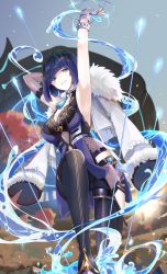 Rule 34 | 1girl, absurdres, armpits, asymmetrical gloves, bare shoulders, black thighhighs, blue dress, blue eyes, blue hair, blush, braid, breasts, brown gloves, cleavage, commentary request, diagonal bangs, dress, elbow gloves, excella (delltothu), feather-trimmed jacket, fingerless gloves, fur-trimmed sleeves, fur trim, genshin impact, gloves, highres, hydrokinesis, jacket, jacket on shoulders, long sleeves, looking at viewer, medium breasts, mole, mole on breast, parted lips, single elbow glove, smile, solo, standing, thighhighs, v-shaped eyebrows, water, white gloves, white jacket, yelan (genshin impact)