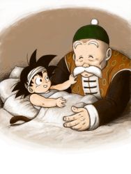 Rule 34 | 2boys, bandages, bed, bed sheet, black eyes, black hair, brown background, chinese clothes, dragon ball, facial hair, grandfather and grandson, grandpa gohan, happy, hat, looking at another, male focus, masa (p-piyo), multiple boys, mustache, pillow, shirt, simple background, sleeveless, smile, son goku, spiked hair, tail, under covers, white background, white shirt