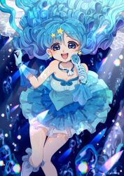 Rule 34 | 1girl, blue dress, blue eyes, blue footwear, blue gloves, blush, bracelet, breasts, chiuanzhang, collarbone, commentary, dress, earrings, english commentary, eyelashes, gloves, holding, holding microphone, houshou hanon, jewelry, large breasts, long hair, magical girl, mermaid melody pichi pichi pitch, microphone, necklace, open mouth, signature, solo, star (symbol), star earrings, starfish hair ornament, teeth, underwater, upper teeth only