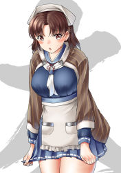 Rule 34 | apron, blue sailor collar, blue skirt, blush, breasts, brown eyes, brown hair, chiyoda (kancolle), cosplay, costume switch, jingei (kancolle), jingei (kancolle) (cosplay), kantai collection, large breasts, long sleeves, mayura (lucadia), medium hair, open mouth, pleated skirt, sailor collar, shawl, simple background, skirt, solo