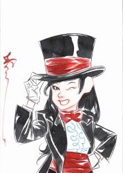 Rule 34 | 1girl, batman (series), black hair, bow, bowtie, dc comics, dustin nguyen, frilled shirt, frills, gloves, hand on headwear, hand on own hip, hat, one eye closed, red bow, red bowtie, shirt, signature, simple background, smile, solo, tailcoat, top hat, white gloves, wink, zatanna zatara