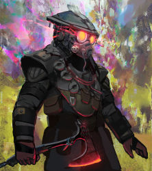 Rule 34 | 1other, absurdres, ambiguous gender, apex legends, armor, axe, bloodhound (apex legends), breastplate, cable, commentary, english commentary, gloves, glowing, goggles, grey jacket, helmet, highres, holding, holding axe, jacket, looking ahead, open hand, peter chai, raven&#039;s bite, rebreather, red gloves