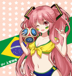 Rule 34 | 1girl, 2018 fifa world cup, ;d, alternate costume, alternate eye color, alternate hair color, ball, bare arms, blush, brazil, brazilian flag, breasts, chinese commentary, cleavage, collarbone, commentary request, crop top, facial tattoo, front-tie top, hair between eyes, hands up, hatsune miku, holding, holding ball, jokanhiyou, long hair, looking at viewer, m/, medium breasts, midriff, navel, one eye closed, open mouth, pink background, pink eyes, pink hair, shirt, smile, soccer, soccer ball, solo, standing, star (symbol), starry background, stomach, tattoo, tied shirt, twintails, upper body, very long hair, vocaloid, world cup, yellow shirt