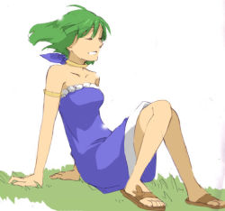 Rule 34 | 00s, 1girl, :d, ahoge, alternate costume, arm support, armlet, bare arms, bare legs, bare shoulders, blue dress, breasts, casual, choker, collarbone, deko (odecodeco), dress, closed eyes, female focus, full body, grass, green hair, knees up, macross, macross frontier, medium breasts, open mouth, outdoors, plant, ranka lee, sandals, short hair, sitting, smile, solo, strapless, strapless dress, wind