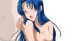Rule 34 | 1girl, blue hair, blush, breasts, cum, cum in mouth, highres, kawashima ami, long hair, looking at viewer, nipples, nude, open mouth, penis, purple eyes, simple background, standing, sweatdrop, toradora!, white background