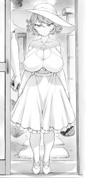 Rule 34 | 1girl, alternate breast size, alternate costume, bare arms, bare shoulders, breasts, closed mouth, cloud, covered erect nipples, curly hair, doorway, dress, hat, highres, huge breasts, looking at viewer, mogudan, no bra, one-punch man, short hair, shortstack, sky, sleeveless, sleeveless dress, solo, sun hat, sundress, tatsumaki