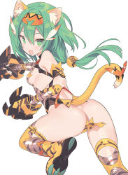 Rule 34 | 1girl, :d, animal ears, animal print, ass, bare shoulders, blade (galaxist), blush, boots, breasts, cham cham, commentary request, elbow gloves, fang, fingerless gloves, gloves, green eyes, green hair, grey gloves, grey thighhighs, hair between eyes, hair ornament, headpiece, long hair, low ponytail, medium breasts, open mouth, ponytail, print thighhighs, revealing clothes, samurai spirits, shoe soles, sideboob, simple background, smile, solo, tail, thighhighs, thighhighs under boots, tiger ears, tiger girl, tiger print, tiger tail, very long hair, white background, yellow footwear