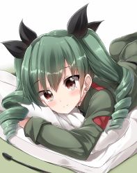 Rule 34 | 10s, 1girl, anchovy (girls und panzer), black ribbon, commentary request, drill hair, eyebrows, futon, girls und panzer, green hair, hair ribbon, highres, long hair, looking at viewer, lying, on stomach, pentagon (railgun ky1206), red eyes, ribbon, solo, sparkle, twintails