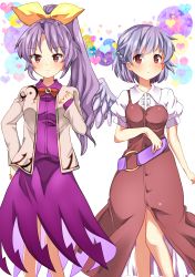 Rule 34 | 2girls, absurdres, bad id, bad pixiv id, belt, bow, chako (chakoxxx), cosplay, costume switch, hair bow, heart, highres, kishin sagume, kishin sagume (cosplay), long hair, multiple girls, pigeon-toed, ponytail, purple hair, red eyes, silver hair, single wing, touhou, watatsuki no yorihime, watatsuki no yorihime (cosplay), wings