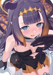 1girl @_@ absurdres black_dress blue_eyes blunt_bangs blush breasts cutout_above_navel diamond_hairband dress feathered_wings fur-trimmed_collar fur_trim gradient_hair halo highres hololive hololive_english long_hair low_wings majin_(mazimazindayo) multicolored_hair ninomae_ina&#039;nis ninomae_ina&#039;nis_(1st_costume) open_mouth orange_hair pointy_ears purple_hair small_breasts solo strapless strapless_dress tentacle_hair tentacles tube_dress virtual_youtuber wings yellow_halo