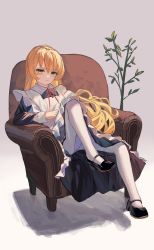 Rule 34 | 1girl, absurdres, apron, armchair, black footwear, blonde hair, blush, chair, closed mouth, clynxen, commentary, english commentary, full body, grey background, highres, kirisame marisa, long hair, long sleeves, looking at viewer, maid apron, mary janes, no headwear, pantyhose, plant, red ribbon, red shirt, ribbon, shirt, shoes, simple background, sitting, solo, touhou, white pantyhose, yellow eyes