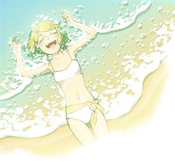 Rule 34 | 1girl, armpits, bare arms, beach, bikini, blonde hair, blush, bon bon eee, breasts, collarbone, closed eyes, foaming waves, from above, hair ornament, hairclip, halterneck, highres, kagamine rin, lying, midriff, navel, ocean, on back, partially submerged, sand, skinny, small breasts, smile, solo, string bikini, swimsuit, vocaloid, white bikini