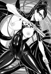 Rule 34 | 1girl, artist request, bayonetta, bayonetta (series), breasts, breasts out, glasses, gun, highres, lips, long hair, looking at viewer, mole, monochrome, nipples, solo, weapon