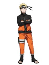 Rule 34 | 1boy, black footwear, black jacket, blonde hair, blue eyes, commentary request, crossed arms, facial mark, forehead protector, full body, highres, himmel (allsky83), jacket, konohagakure symbol, legband, long sleeves, looking at viewer, male focus, multicolored clothes, multicolored jacket, naruto (series), naruto shippuuden, ninja, orange jacket, orange pants, pants, shoes, short hair, simple background, smile, solo, spiked hair, standing, tachi-e, toeless footwear, track jacket, two-tone jacket, uzumaki naruto, very short hair, whisker markings, white background