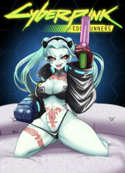 Rule 34 | 1girl, :d, absurdres, artificial eye, ass, bare legs, black bra, black footwear, black jacket, black panties, bra, colored sclera, colored skin, cyberpunk (series), cyberpunk edgerunners, green hair, gun, handstand, highres, holding, holding gun, holding weapon, jacket, kneepits, leg tattoo, legs apart, legs up, long hair, looking at viewer, mechanical arms, mechanical eye, naughty face, one arm handstand, open clothes, open jacket, open mouth, panties, panty pull, rebecca (cyberpunk), red pupils, red sclera, round teeth, samurai jacket (cyberpunk), shoes, smile, solo, spread legs, stomach tattoo, tattoo, teeth, theanimalart, thick thighs, thighs, thong, twintails, underwear, weapon, white skin, wide hips, yellow eyes