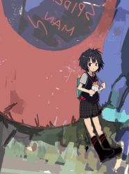 Rule 34 | 1girl, backpack, bag, black hair, black skirt, boots, cumox5, female focus, food, food on face, highres, holding, holding food, looking at viewer, marvel, outdoors, peni parker, short hair, skirt, solo, spider-man: into the spider-verse, spider-man (series), spider-verse, sweater vest