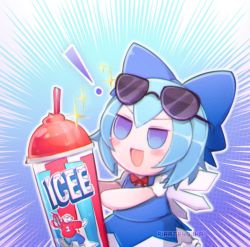 Rule 34 | !, 1girl, bear, blue background, blue bow, blue dress, blue eyes, blue hair, blue pants, blue ribbon, blue skirt, blue vest, blush, bow, character doll, cirno, cup, dress, drink, drinking straw, eyewear on head, frilled skirt, frills, fumo (doll), gradient background, hair bow, hair ribbon, holding, holding drink, hood, hoodie, icee, neck ribbon, open mouth, pants, personification, polar bear, puffy short sleeves, puffy sleeves, red hoodie, ribbon, sami (pirateyoukai), shirt, short hair, short sleeves, skirt, smile, solo, sparkle, sunglasses, touhou, twitter username, v-shaped eyebrows, vest, watermark, white shirt, white sleeves, wings