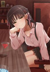 Rule 34 | 1girl, absurdres, arm support, bar (place), black hair, black skirt, blurry, blush, braid, breasts, cafe stella to shinigami no chou, cleavage, closed mouth, cocktail glass, collared shirt, commentary, cowboy shot, cup, depth of field, dress shirt, drinking glass, drunk, earrings, elbow on table, eyelashes, flower, hair between eyes, hair flower, hair ornament, hair ribbon, hairclip, half-closed eyes, hand up, haribo no suke, head rest, high-waist skirt, highres, indoors, jewelry, leaning forward, long hair, long sleeves, looking at viewer, medium breasts, nose blush, on chair, pencil skirt, pink ribbon, pov, ribbon, shiki natsume, shirt, side braid, sitting, skirt, smile, smug, solo, split mouth, stud earrings, suspender skirt, suspenders, tsurime, white flower, white shirt, yellow eyes