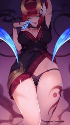 Rule 34 | 1girl, :p, arm behind head, bead bracelet, beads, black choker, blood moon evelynn, blue eyes, bracelet, breasts, cameltoe, choker, claws, commentary, demon girl, english commentary, evelynn (league of legends), horns, jewelry, large breasts, league of legends, licking, licking finger, looking at viewer, nanoless, panties, red hair, solo, tattoo, thigh gap, thighs, tongue, tongue out, underwear