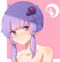 Rule 34 | 1girl, blush, closed mouth, collarbone, commentary, hair ornament, head tilt, highres, long hair, nude, pink background, purple eyes, purple hair, short hair with long locks, sidelocks, smile, solo, two-tone background, upper body, vocaloid, voiceroid, white background, yusake san, yuzuki yukari