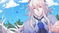 Rule 34 | 1boy, aion (show by rock!!), animal ears, blue flower, blue petals, blue rose, blue sky, flower, formal, grey hair, grey jacket, highres, jacket, lion boy, lion ears, long hair, long sleeves, looking at viewer, male focus, mel6969, petals, red eyes, rose, shirt, show by rock!!, sky, solo, white shirt