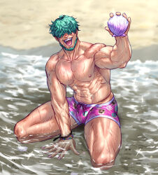 Rule 34 | 1boy, abs, aqua hair, bara, beach, bracelet, carless (ppanic), covered eyes, day, facial hair, fire emblem, fire emblem: the blazing blade, fire emblem cipher, hair over eyes, highres, holding, jewelry, large pectorals, lowen (fire emblem), male focus, male swimwear, muscular, muscular male, navel, nintendo, nipples, open mouth, outdoors, pectorals, pink male swimwear, sand, seashell, shell, short hair, smile, solo, swim briefs, topless male, water