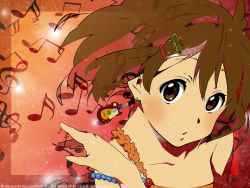 Rule 34 | 00s, blush, brown eyes, brown hair, earrings, guitar, hair ornament, hairclip, highres, hirasawa yui, instrument, jewelry, k-on!, gibson les paul, looking at viewer, musical note, necklace, short hair, wallpaper