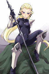 Rule 34 | 1girl, blonde hair, bodysuit, diana (league of legends), facial mark, forehead mark, highres, league of legends, long hair, looking at viewer, nam (valckiry), purple eyes, shin guards, sitting, solo, sword, weapon