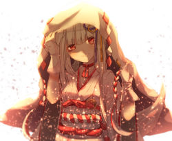 Rule 34 | 1girl, backlighting, bad id, bad pixiv id, blunt bangs, commentary request, crescent, eyebrows, facepaint, fingerless gloves, fox tail, gloves, highres, hood, japanese clothes, neck ribbon, original, petals, red eyes, red ribbon, ribbon, sidelocks, smile, solo, tail, tassel, upper body, varyu, white gloves, white hair, wide sleeves