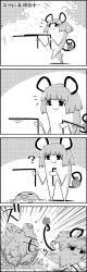 Rule 34 | 4koma, ?, animal ears, basket, carrying, comic, commentary request, dowsing rod, dugtrio, emphasis lines, gen 1 pokemon, greyscale, highres, holding, monochrome, mouse ears, mouse tail, nazrin, pokemon, pokemon (creature), smile, tail, tani takeshi, touhou, translation request, yukkuri shiteitte ne