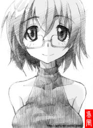 Rule 34 | 10s, 1girl, bare shoulders, breasts, female focus, glasses, gofu, greyscale, infinite stratos, monochrome, short hair, sketch, smile, solo, spot color, traditional media, white background, yamada maya (infinite stratos)