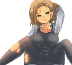 Rule 34 | 1girl, adjusting hair, android 18, aqua eyes, black pantyhose, breasts, collarbone, dragon ball, dragonball z, dyson (edaokunnsaikouya), large breasts, looking at viewer, pantyhose, short hair, sitting, skirt, solo, torn clothes, torn pantyhose, tsurime, white background