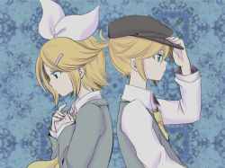 Rule 34 | 1boy, 1girl, aqua eyes, back-to-back, bad id, bad pixiv id, blonde hair, blue background, brother and sister, hair ribbon, hat, kagamine len, kagamine rin, muted color, own hands together, rencon, ribbon, short hair, siblings, skeleton life (vocaloid), twins, vocaloid