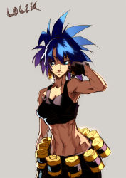 Rule 34 | 1girl, black gloves, blue eyes, blue hair, breasts, character name, crop top, earrings, explosive, gloves, grenade, hand in own hair, highres, jewelry, l.k, leona heidern, long hair, matching hair/eyes, midriff, navel, ponytail, solo, tank top, the king of fighters, toned, upper body