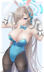 Rule 34 | 1girl, animal ears, aqua bow, aqua bowtie, aqua leotard, aqua ribbon, asuna (blue archive), bare shoulders, black pantyhose, blonde hair, blue archive, blue background, blue eyes, blush, bow, bowtie, breasts, cleavage, denpa (denpae29), detached collar, elbow gloves, eyes visible through hair, fake animal ears, gloves, grin, hair ornament, hair over one eye, hair ribbon, hairband, halo, hands in hair, hands up, highleg, highleg leotard, highres, large breasts, leotard, long hair, looking at viewer, mole, mole on breast, pantyhose, parted lips, playboy bunny, rabbit ears, ribbon, simple background, smile, solo, teeth, thighband pantyhose, thighs, white gloves, white hairband
