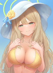Rule 34 | 1girl, absurdres, bikini, blue archive, blue sky, blush, breasts, cleavage, flower, front-tie bikini top, front-tie top, green eyes, hat, hat flower, hat ribbon, highres, kirakugakusyu, large breasts, light brown hair, long hair, looking at viewer, nonomi (blue archive), nonomi (swimsuit) (blue archive), outdoors, ribbon, sky, smile, solo, sun hat, swept bangs, swimsuit, white hat, yellow bikini