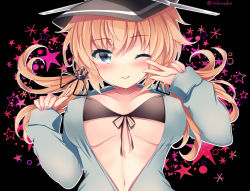 Rule 34 | 1girl, bikini, black background, black bikini, black hat, blonde hair, blue eyes, breasts, breasts apart, closed mouth, collarbone, covered erect nipples, floating hair, front-tie bikini top, front-tie top, grey jacket, hands up, hat, ichiyou moka, jacket, kantai collection, large breasts, long hair, long sleeves, looking at viewer, low twintails, navel, one eye closed, peaked cap, prinz eugen (kancolle), smile, solo, star (symbol), swimsuit, twintails, upper body, w