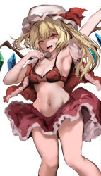 Rule 34 | 1girl, ;d, arm up, armpits, blonde hair, bra, breasts, cleavage, collarbone, commentary request, crystal, flandre scarlet, hat, highres, kaeranu kaeru, long hair, looking at viewer, mob cap, navel, one eye closed, open mouth, red bra, red eyes, red skirt, side ponytail, simple background, skirt, small breasts, smile, solo, standing, stomach, touhou, underwear, white background, white hat, wings
