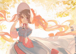 Rule 34 | 1girl, absurdres, ambience synesthesia, arknights, bonnet, bow, bowtie, brown hair, chinese commentary, closed mouth, commentary request, corset, cowboy shot, dress, dress bow, eyjafjalla (arknights), floating hair, flower, gloves, goat girl, goat horns, hand in own hair, hands up, hat, hat flower, highres, horns, layered clothes, long hair, looking at viewer, lubusi, official alternate costume, pink bow, pink bowtie, pink eyes, pink flower, pink rose, pink skirt, rose, skirt, smile, solo, striped, striped bow, striped bowtie, twintails, very long hair, white dress, white gloves, white headwear, wide sleeves