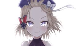 Rule 34 | 1girl, azur lane, backlighting, bare shoulders, beret, blue eyes, blue hat, blush, bow, commentary request, covered collarbone, cross, eyebrows hidden by hair, forehead, glint, hair bow, hair lift, hat, iron cross, light brown hair, looking at viewer, portrait, short hair, sigeranai, simple background, sleeveless, smile, solo, striped, striped bow, white background, wind, wind lift, z23 (azur lane)