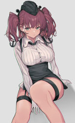 Rule 34 | 1girl, absurdres, atlanta (kancolle), black hat, black skirt, blush, breasts, brown hair, buttons, closed mouth, collared shirt, garrison cap, gloves, grey background, grey eyes, hat, high-waist skirt, highres, kantai collection, large breasts, long hair, long sleeves, looking at viewer, oweee, shirt, simple background, skirt, solo, suspender skirt, suspenders, two side up, white gloves, white shirt