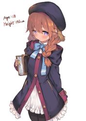 Rule 34 | 1girl, beret, black coat, black hat, black pantyhose, blue bow, blush, book, bookmark, bow, braid, brown hair, closed mouth, coat, collared dress, commentary request, cowboy shot, dress, eip (pepai), frilled dress, frills, hair between eyes, hat, holding, holding book, hood, hood down, hooded coat, long hair, long sleeves, looking at viewer, pantyhose, princess connect!, purple eyes, simple background, sleeves past wrists, solo, twin braids, white background, white dress, yuni (princess connect!)