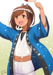 Rule 34 | 1girl, alternate costume, arms up, brown eyes, brown hair, clothes writing, hair ornament, hand fan, happi, headband, i-401 (kancolle), japanese clothes, kantai collection, nao (nao eg), paper fan, ponytail, short hair, smile, solo, sweat, translation request, uchiwa, upper body