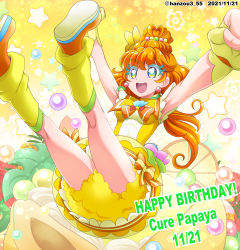Rule 34 | 1girl, :d, armpits, blue eyes, breasts, colored eyelashes, cure papaya, earrings, eyelashes, fingerless gloves, floating hair, gloves, hair between eyes, hanzou, happy birthday, highres, jewelry, leg warmers, long hair, miniskirt, open mouth, orange hair, precure, sailor collar, skirt, small breasts, smile, solo, tropical-rouge! precure, yellow gloves, yellow legwear, yellow sailor collar, yellow skirt