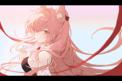 Rule 34 | 1girl, animal ear fluff, animal ears, arknights, bare shoulders, envelope, from side, gradient background, hair over one eye, highres, holding, holding envelope, letterboxed, long hair, looking at viewer, looking to the side, parted lips, pingdiguo, pink eyes, pink hair, pozyomka (arknights), solo, upper body, very long hair, white background, wolf ears