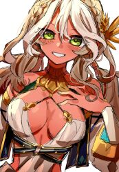 Rule 34 | 1girl, andromeda (fate), andromeda (first ascension) (fate), blonde hair, boseki (edam a), breasts, choker, dark-skinned female, dark skin, detached sleeves, fate/grand order, fate (series), gold choker, green eyes, hair ornament, hand on own chest, highres, large breasts, long hair, multicolored hair, parted lips, simple background, smile, solo, teeth, twintails, two-tone hair, white background, white hair, white sleeves