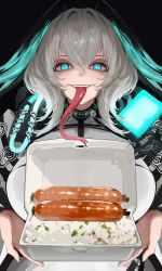 Rule 34 | 1girl, aqua eyes, aqua wings, arknights, breasts, coat, dark background, dress, feathered wings, food, forked tongue, giving, grey hair, hair between eyes, head wings, highres, ho&#039;olheyak (arknights), holding, holding food, incoming food, infection monitor (arknights), kinohara kossuta, large breasts, long coat, long sleeves, long tongue, looking at viewer, open clothes, open coat, revision, rice, sausage, short hair, sidelocks, slit pupils, solo, straight-on, teeth, tongue, tongue out, upper body, upper teeth only, very long tongue, white dress, wings