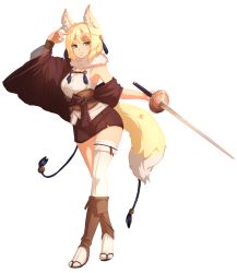Rule 34 | 1girl, :3, animal ears, barbariank, blonde hair, boots, brown footwear, crossed legs, fire emblem, fire emblem fates, fox ears, fox shadow puppet, fox tail, full body, fur collar, green eyes, hair ornament, highres, knee boots, looking at viewer, nintendo, selkie (fire emblem), short hair, single thighhigh, smile, solo, sword, tail, thighhighs, transparent background, watson cross, weapon, white thighhighs, wide sleeves