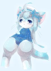 Rule 34 | akurara (cat busters), artist request, blue eyes, blue hair, cat, cat busters, furry, hat, open mouth, sailor hat, school swimsuit, swimsuit